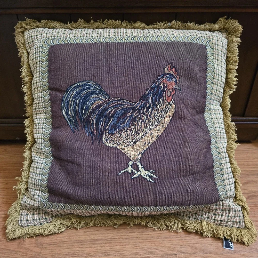 VTG Needlepoint Rooster Throw Pillow Velvet Farmhouse Country Cottage Grandma